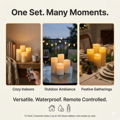 Waterproof Flameless Candles, 12 PC Battery Operated LED Pillar Candles with 2 Remote Controls & Timer, Flickering Indoor Outdoor Candles for Wedding, Patio, Easter, Bathroom, Home Decor, 4''5''6''