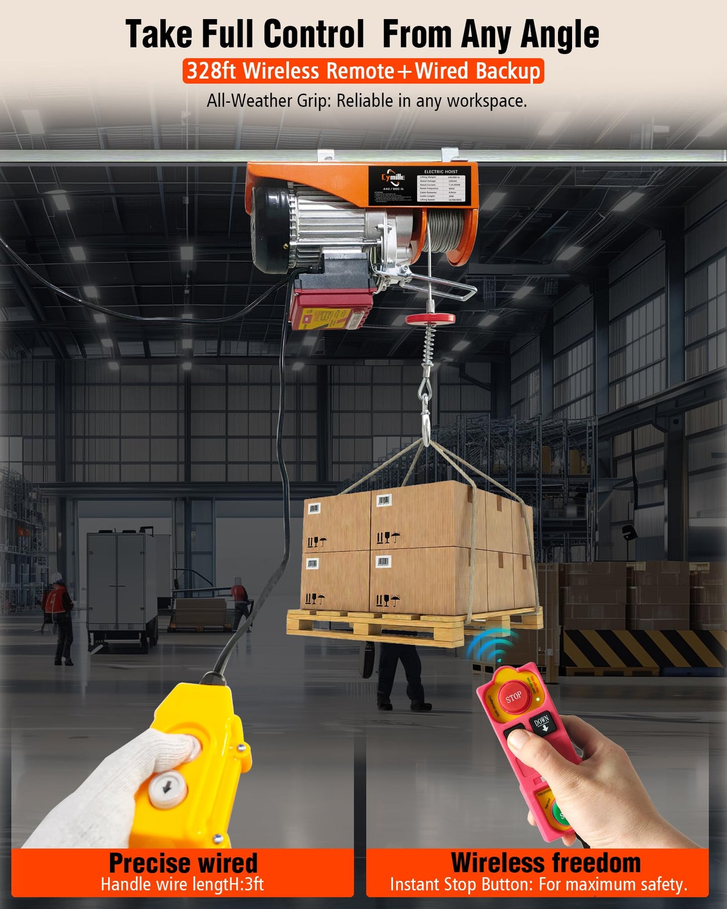 880 lbs Electric Hoist, 2 in 1 Wireless/Wired Remote Control, 110V/120V Electric Hoist Winch, 16ft/33 ft/min Speed, 65.6 ft Height for Garage, Attic, Warehouse, Factory, Construction Site