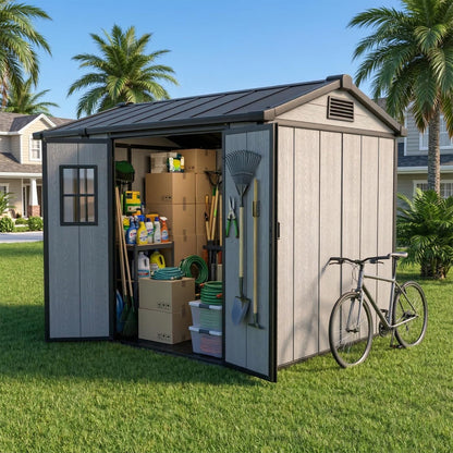 Outdoor Storage Shed, 6x8 FT, Tool Storage Shed with Floor for Patio, Backyard, Garden Tools and Bike, Light Gray