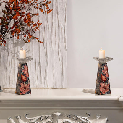 Timetrace Tall Glass Candlestick Holder with Floral Pattern,Candle Holder for Pillar, Single Piece Decorative Centerpiece for Living Room, Patio, Weddings - Decor for Dining Room