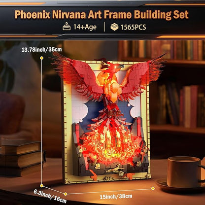 Phoenix Nirvana Building Block Sets 1565 Pcs Magic Fire Phoenix Building Toys with LED Lights 15*6.3*13.78in 3D Framed Wall Art Firebird DIY Model Kit for Gifts Decorations Collectibles