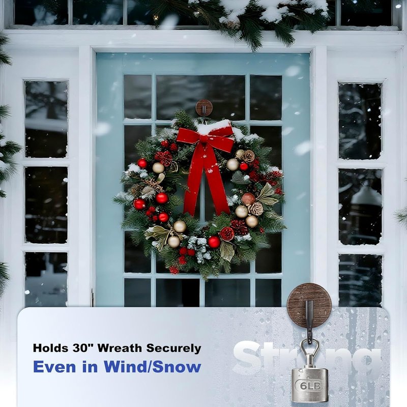 OUTXE Wreath Hanger for Front Door, Upgraded Suction Cup Reef Hook for Glass Window/Over Door, Christmas/Thanksgiving/Halloween/July 4th/Easter/Valentine/Spring/Summer/Fall (Walnut, 4-Pack)