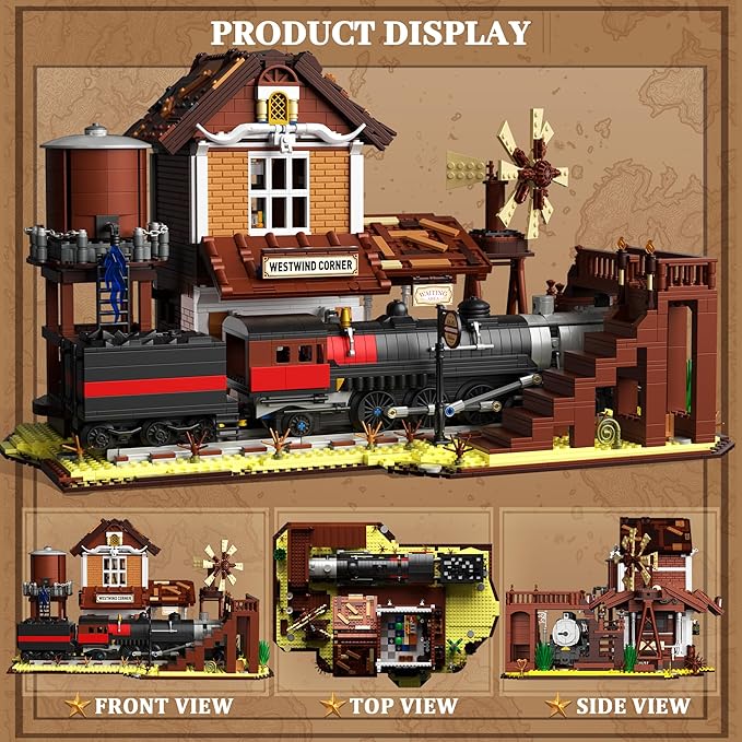Western Train Station Building Set for Adults 3885 PCS West Steam Train Model Kit with Station Creative Collectible Home Décor Display Kit for Adults and Teens 14+