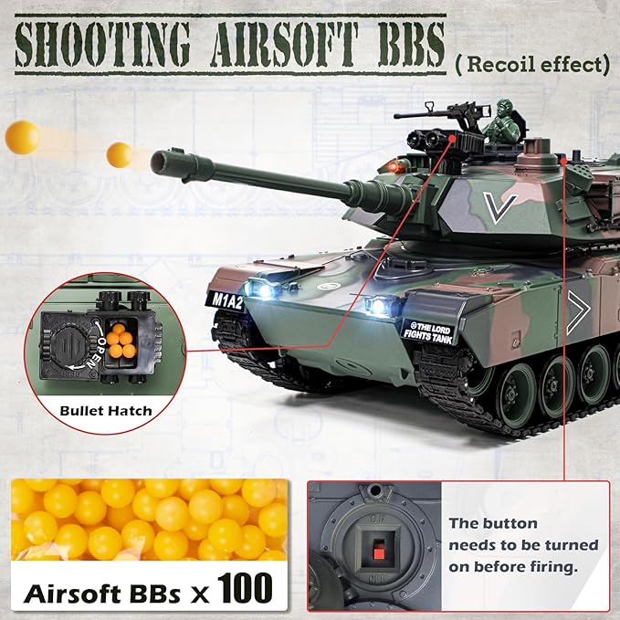 1:18 RC Tank 2.4Ghz M1A2 Remote Control Tank Model Toys 15 Channel Battle Army Toy with Smoke Light Sound Volume Switch Military Toy for Adult and Kid that Shoots BBS