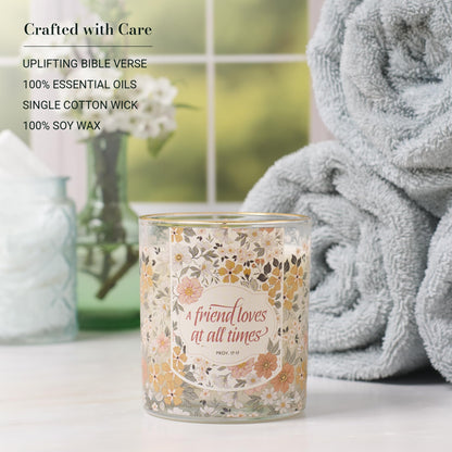 Christian Art Gifts Grapefruit Grove Scented Candle: Proverbs 17:17 Bible Verse, Soy Wax, Pure Essential Oils, Floral Design Glass Jar, Friendship Gift for Women, 40 Hours Burn Time