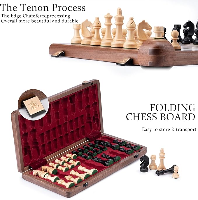 A&ampA Premium Folding Chess Board Game Set 15 Wooden Chess Board &amp 3 King Height Staunton Chess Pieces with 2 Extra Queens Portable Travel Chess Set (Natural Walnut 15 Inches)