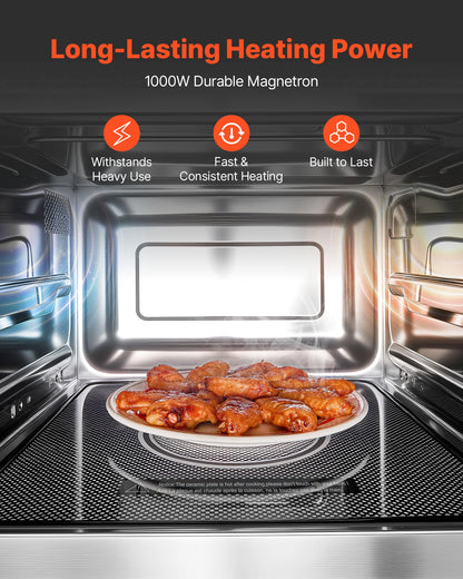 VEVOR Commercial Microwave Oven, 0.9 Cu Ft, 1000W Digital Stainless Steel Countertop Microwave Oven with Touchscreen, 10 Cooking Presets, 5 Power Levels, Multi-Lock Door & Easy Clean for Restaurants