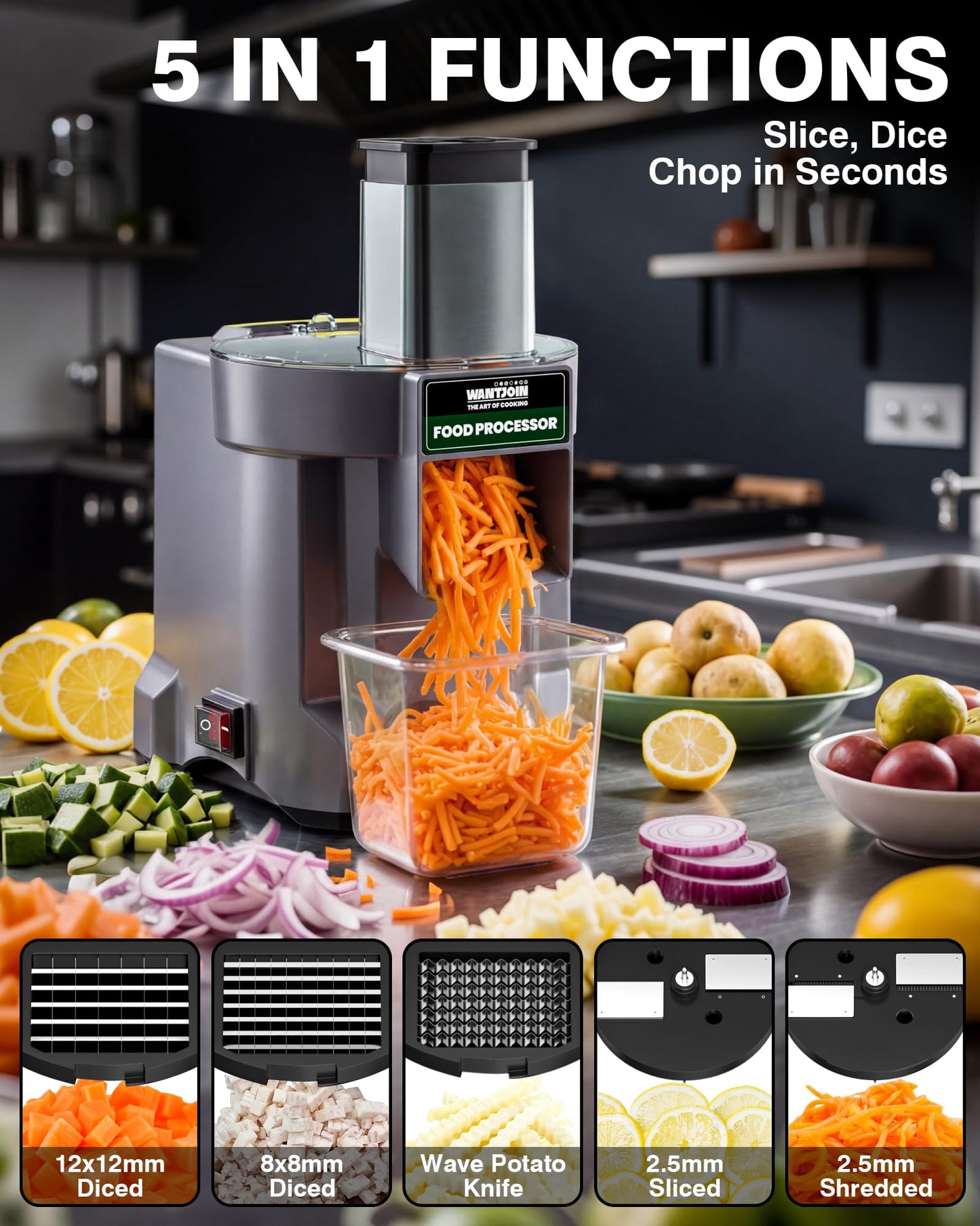 WantJoin 5 in 1 Electric Vegetable Chopper - Multifunctional Commercial Food Processor with Stainless Steel Blades for Slicing(2.5mm), Dicing(8/12mm), Shredding, Chopping(2.5mm)
