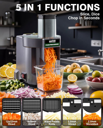 WantJoin 5 in 1 Electric Vegetable Chopper - Multifunctional Commercial Food Processor with Stainless Steel Blades for Slicing(2.5mm), Dicing(8/12mm), Shredding, Chopping(2.5mm)
