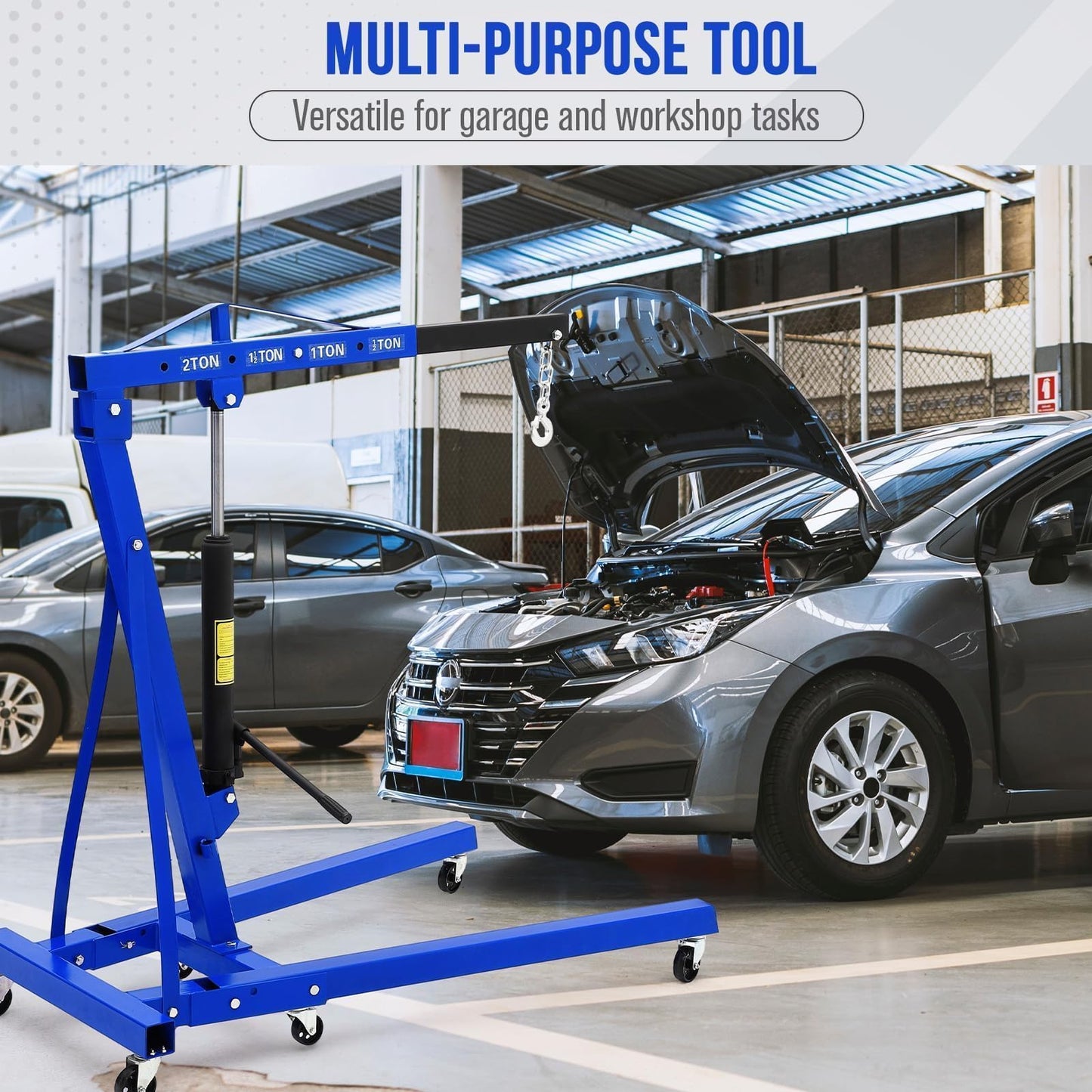 Foldable Engine Hoist, 2 Ton (4000 LB) Hydraulic Cherry Picker, Steel Mobile Load Lifter with 6 Wheels and Telescopic Boom, for Shop Crane, Garage, Workshop, Auto Repair, Heavy-Duty, Blue
