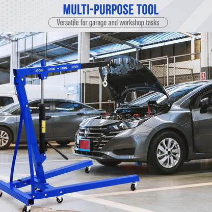Foldable Engine Hoist, 2 Ton (4000 LB) Hydraulic Cherry Picker, Steel Mobile Load Lifter with 6 Wheels and Telescopic Boom, for Shop Crane, Garage, Workshop, Auto Repair, Heavy-Duty, Blue