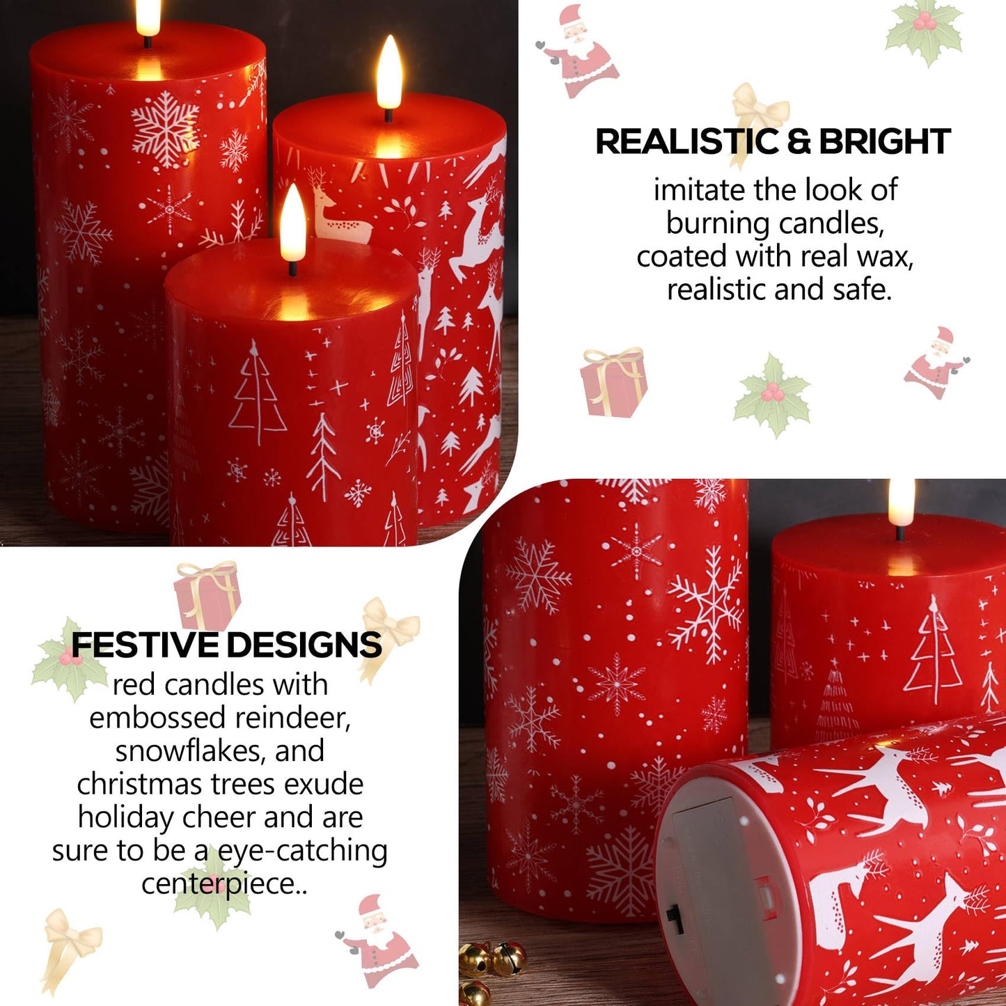 Eywamage Red Christmas Flameless Pillar Candles with Remote, Reindeer Snowflakes Tree LED Battery Candles Holiday Decor Gift Set of 3