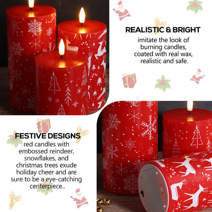 Eywamage Red Christmas Flameless Pillar Candles with Remote, Reindeer Snowflakes Tree LED Battery Candles Holiday Decor Gift Set of 3