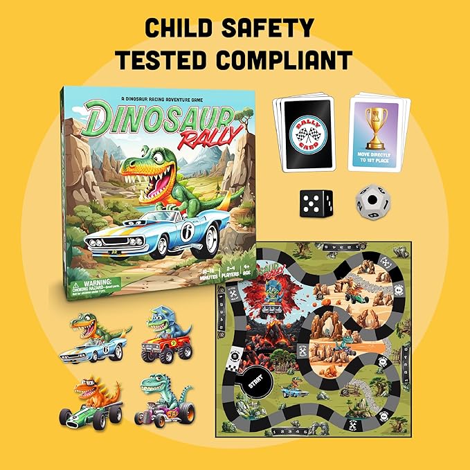 Raincorn Games - Dinosaur Rally Card &amp Dice Kids Board Game for Ages 4 - Family Games Classroom Activities for Kids Learning