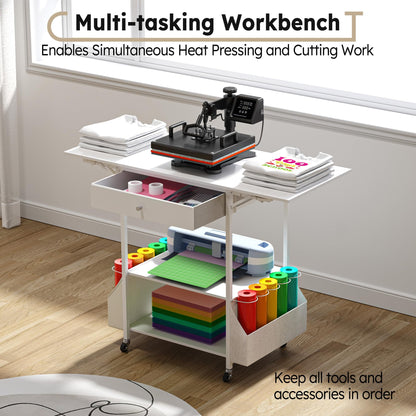 Crafit Extra Large Heat Press Table 2 Pack, Heat Press Stand Desk Cart with Vinyl Storage, Heavy Duty Metal Workbench for DIY Sublimation, T-Shirts Caps Mug & Tumbler Heat Transfer Projects