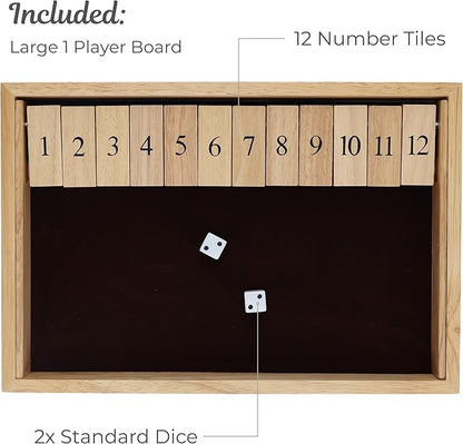 WE Games Wooden Shut The Box - Close The Box Set with 12 Number Tiles &amp 2 Dice Games - 13.5” Natural Wood Finish