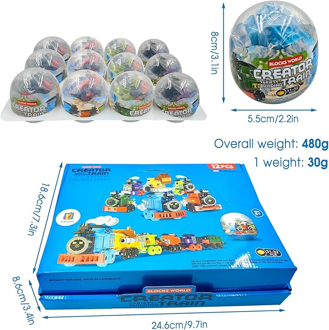 Mini Building Block Sets 12PCS Vehicle Train Toys Building Blocks 6 in 1 STEM Toys Eggs Building Sets Party Favors for Kids Goodie Bags Prizes/Birthday Gifts
