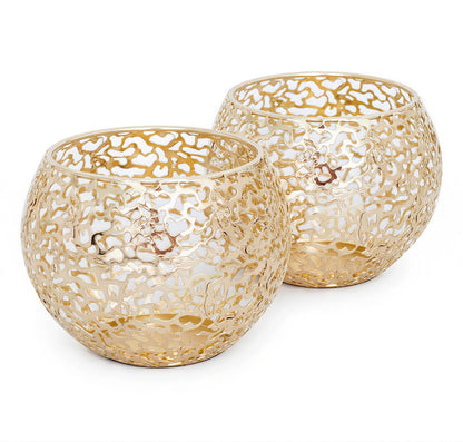 Metal Cut-Out Tealight Candle Holders Set of 2 – Geometric Lanterns for Table Centerpiece & Bathroom Spa – Shatterproof Holiday Decor, Winter Wedding (Gold*2)