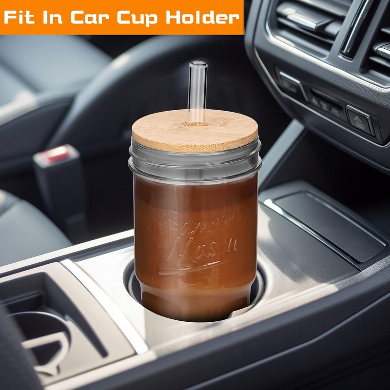 ANOTION Glass Cups with Lids and Straws 4 Packs, 24oz Travel Coffee Mug Bamboo Mason Jar Valentines Party Drinking Jars Glasses Cute Clear Glass Tumbler for Iced Coffee, Smoothie, Tea, Water