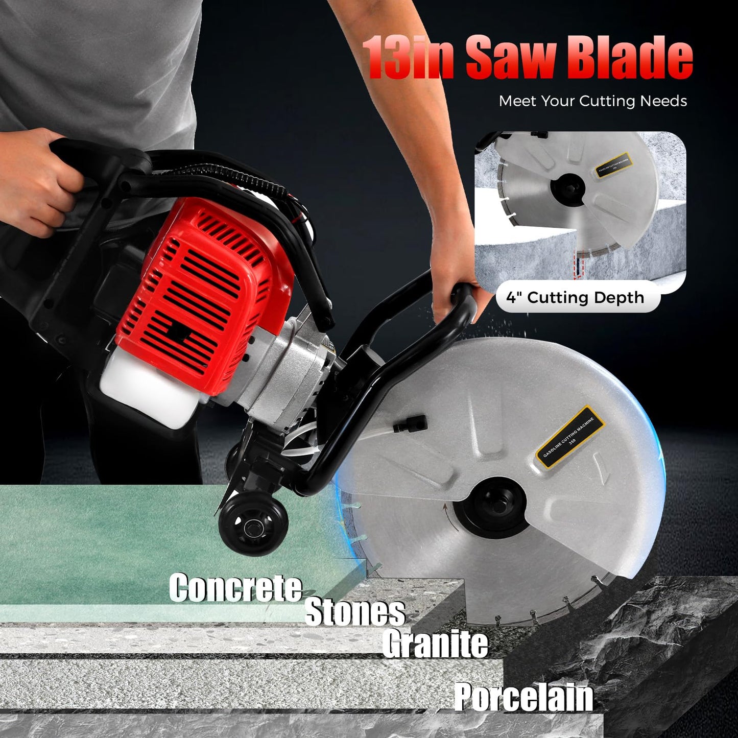 TITIDU Gas Concrete Cut off Saw 2 Stroke 52 CC Cement Masonry Wet Dry Saw Cutter+Blade Power Cutter 1400W