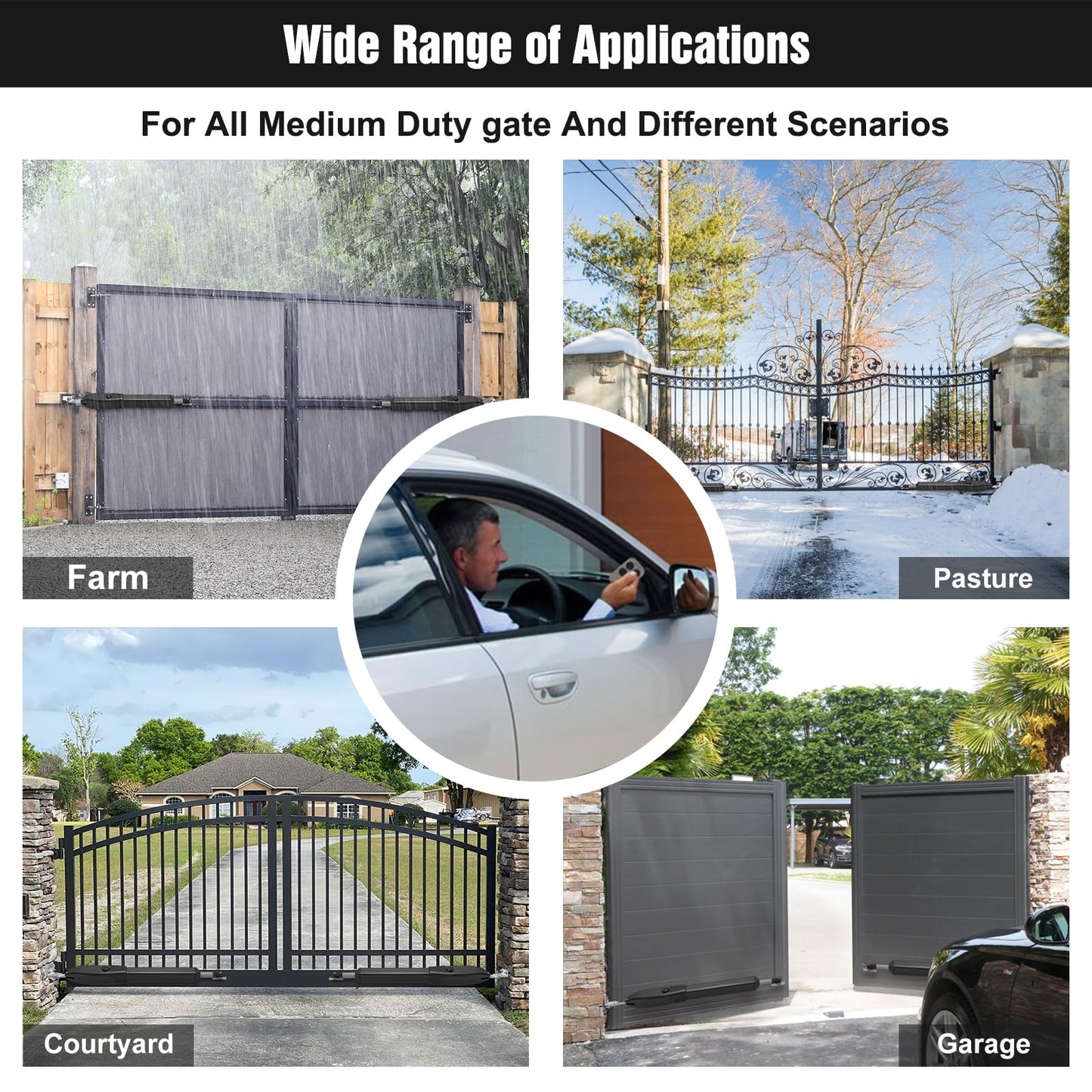 JUJIANG C01 Solar Gate Opener with Batteries & Solar Panel for Dual Swing Gates Up to 440lb 12FT per Arm Automatic Gate Opener with Remote Complete Kit Light Duty Automatic Gate Openers Solar Powered