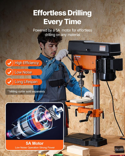VEVOR 12 in Benchtop Drill Press, 5 Amp 120V, Variable Speed Cast Iron Bench Drill Press, 12 in Swing Distance 0-45° Tiltling Worktable with Laser Work Light, Tabletop Drilling Machine for Wood Metal