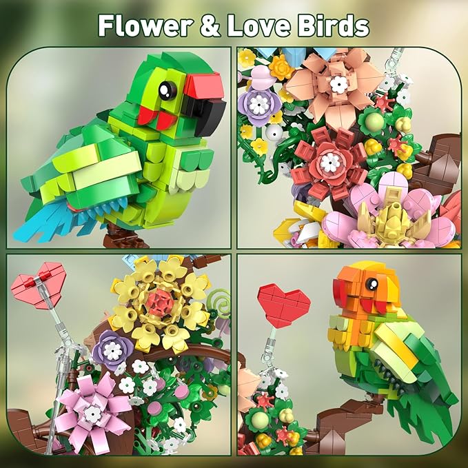 Flowers &amp Love Bird Building Set for Adults Flower Parrot Botanicals Decor Model Kit with LED Animal Toys Gifts Ideas for Adults and Teens Age 14+ (1050 PCS)