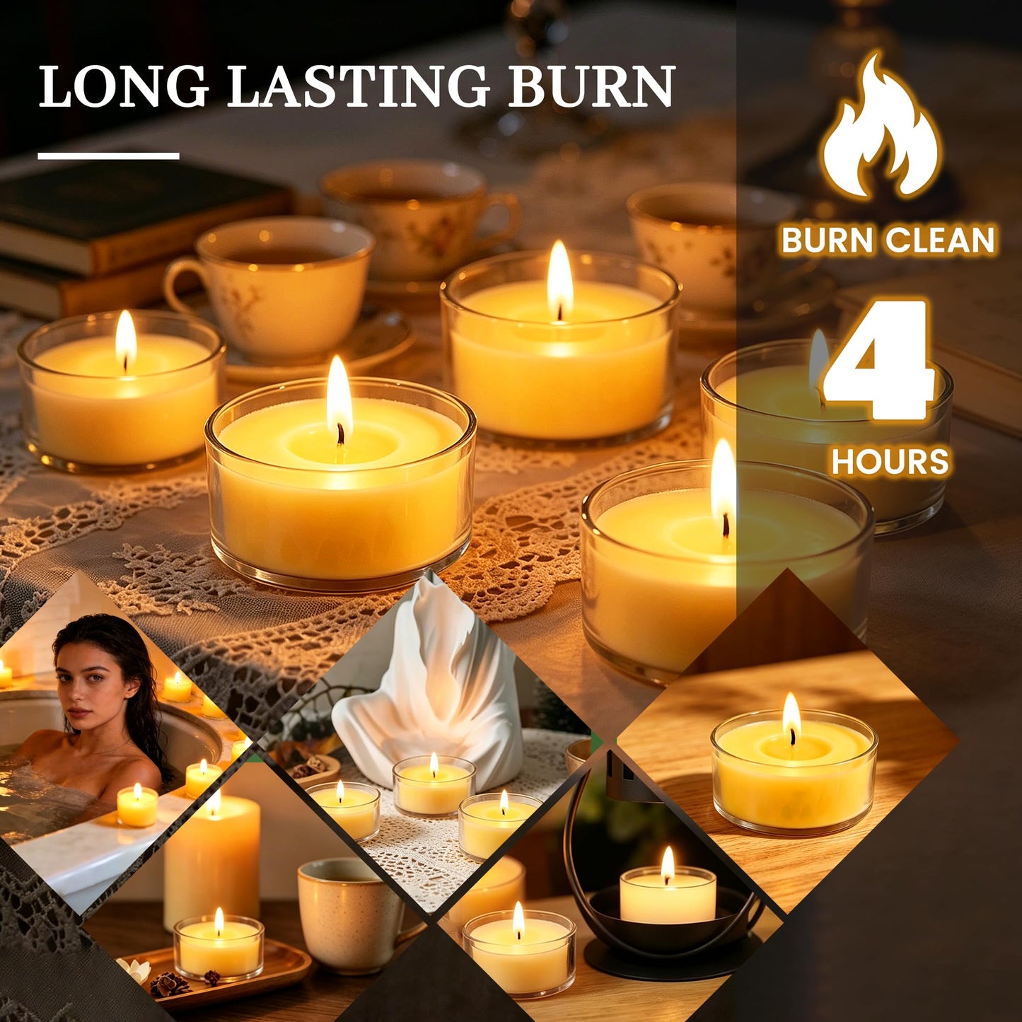 Tealight Citronella Candles Outdoor, 4Hours Soy Wax Tea Lights Candles for Patio, Garden, Yard, Terrace, Camping, Home, Indoor, Party, 30 Pack Acrylic Votive Candles for Weddings, Shabbat, Events