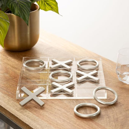 Deco 79 Acrylic Plastic Tic Tac Toe Game Set with Silver Pieces 12 x 12 x 1 Clear