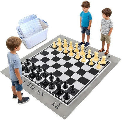 King Size Giant Chess Set with 10 Inch Pieces - Oversized Plastic Chess Game for Indoor/Outdoor Use with Waterproof Mat and Storage Box for Kids Adults Family Fun