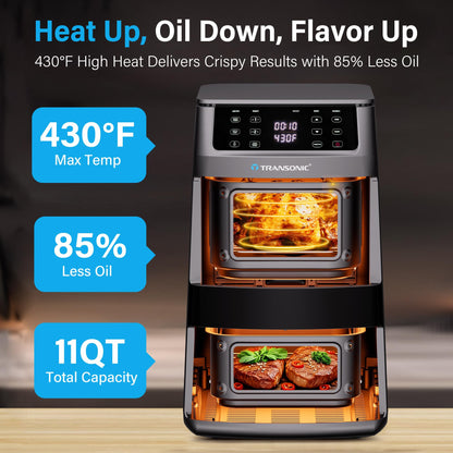 11QT Air Fryer Dual Large Basket Design (Deep Top & Long Bottom) for Whole Chicken & Ribs,430°F High-Heat Broil, 360° Rapid Circulation, 6 in 1 Preset Function, Family Meals, PFAS Free Nonstick