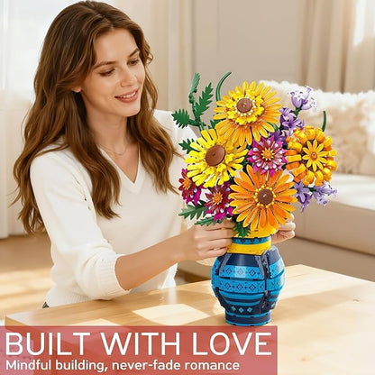 Sunflower Bouquet Building Blocks w/ Vase Set 1065 PCS Botanical Collection Birthday Gifts for Mom Women Grandma Adult Her Mother's Day Artificial Flower Home Decor Stocking Stuffers for Teen Girls