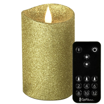 Softflame Real Wax Flameless LED Candles with Remote Control, 3"x 5"Flickering 3D Moving Flame Battery Operated Candles for Indoor Use, Home Decor Glitter Gold