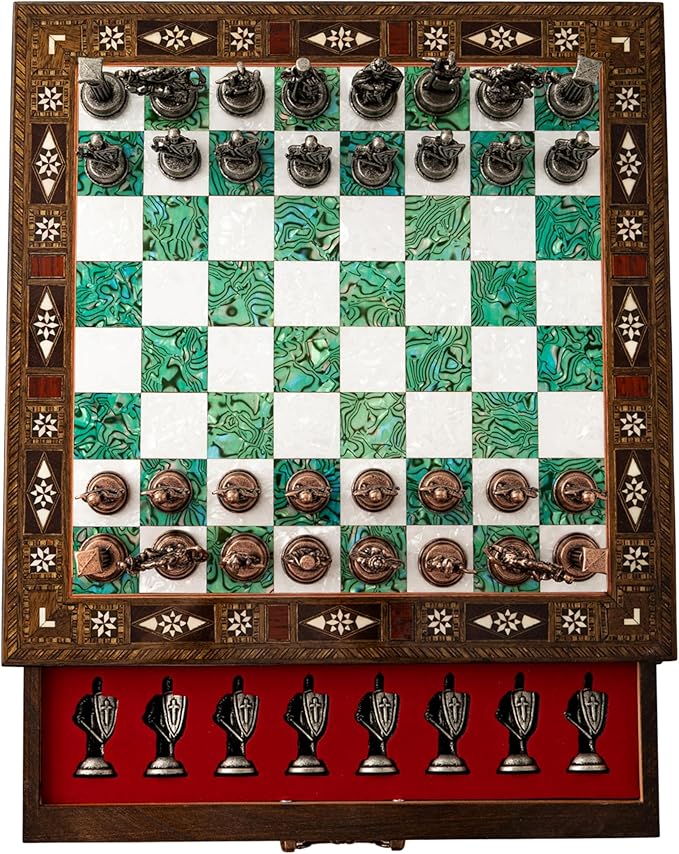 15'' Wooden Chess Set with Metal Chess Pieces – Handmade Storage Chess Board &amp British Metal Pieces – Elegant Chess Gift for All Ages – Gift for Him (Green)