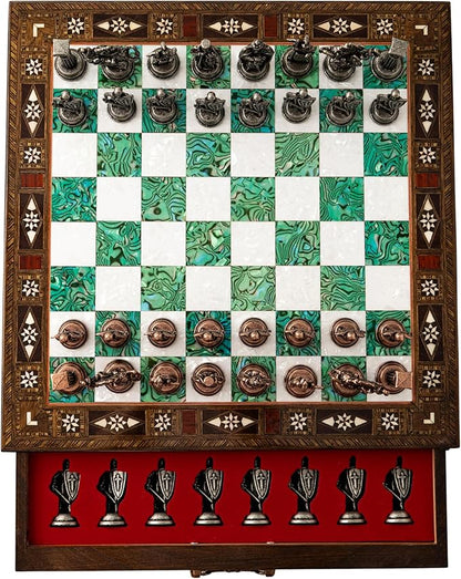15'' Wooden Chess Set with Metal Chess Pieces – Handmade Storage Chess Board &amp British Metal Pieces – Elegant Chess Gift for All Ages – Gift for Him (Green)