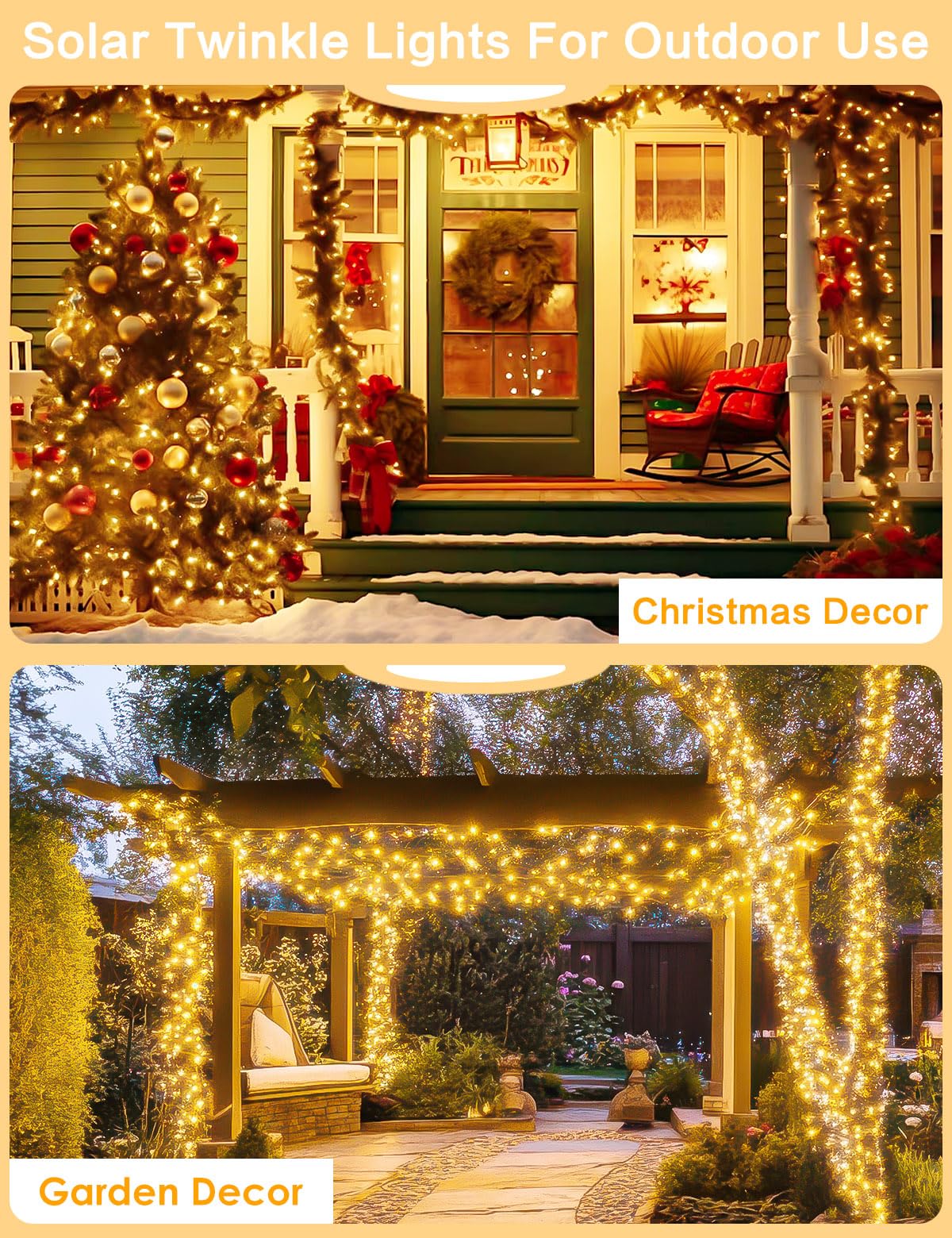 2Pack Solar String Lights Outdoor, 80FT 200LED Solar Fairy Lights, Waterproof Copper Wire & 8 Modes, Solar Twinkle Light for Garden, Tree, Wedding, Christmas Decorations, Patio, Fence (Warm White)