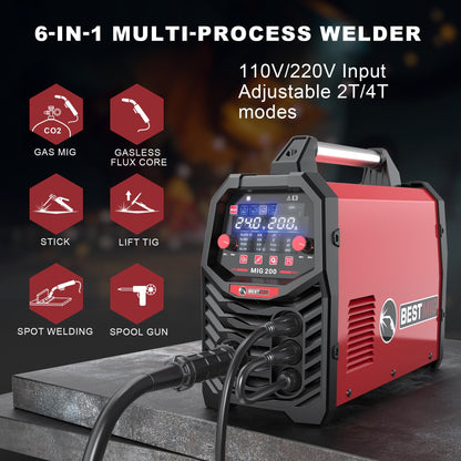 BESTMIG 200A MIG Welder - 6-in-1 IGBT Inverter Welding Machine, Gas/Gasless Flux Core, Stick, Lift TIG, Spot & Spool Gun - Portable 110V/220V Equipment