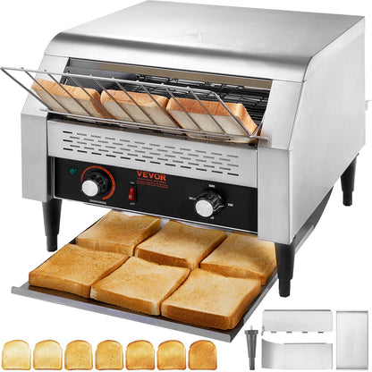 VEVOR 1770W Commercial Conveyor Toaster, 450 Slices per Hour, Heavy Duty Electric Toaster Oven, Food-Grade 304 Stainless Steel Conveyor Belt, Dual Knob Control, for Restaurant Bakery Bread Bagel Bun