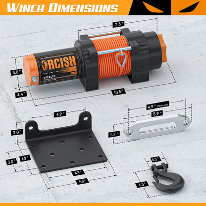 ORCISH 4500 lb 12V DC Waterproof Electric Winch, ATV/UTV Winch Kit for Towing, 1/4"×50' Synthetic Rope with Both Wireless Handheld Remote and Corded Control Recovery, Easy Assembly Winches