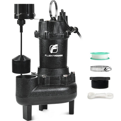 FLUENTPOWER 5000GPH Sewage Effluent Pump, 3/4HP Cast Iron Ejector Submersible Sewer Pump, with Automatic Vertical Float Switch for Residential Basement Septic Basin, 10 ft Cord, 2" NPT Discharge