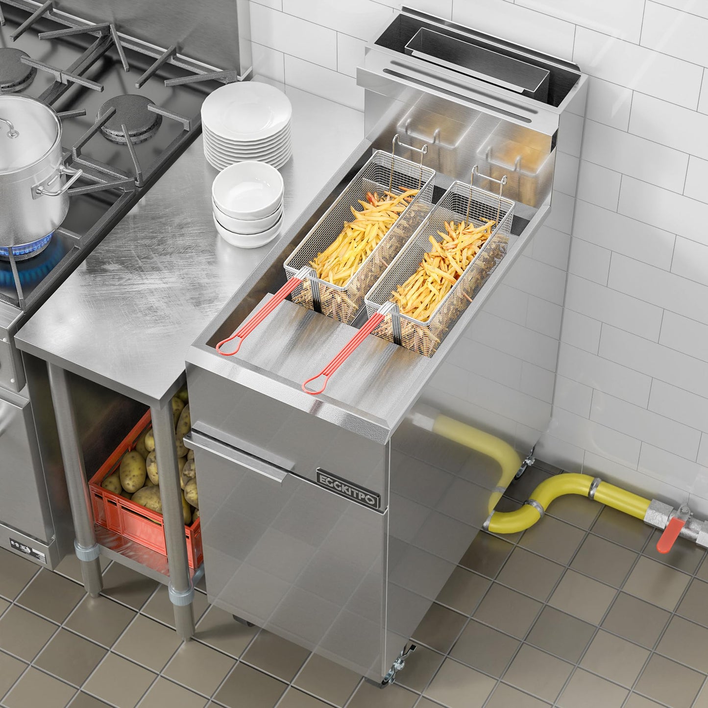 EGGKITPO (ECF3-NG) 40LB 90,000 BTU Natural Gas Fryer and 10L×2 Commercial Fryer with Timer and Basket Dual Tank Fryer(120v 3600w)