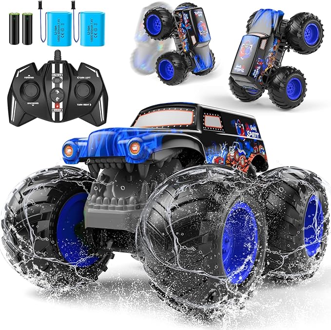 1:14 Waterproof Remote Control Car Front &amp Rear Wheelie Monster Truck Amphibious RC Truck with 2 Sets of Rechargeable Batteries and AAA Batteries 4WD Off-Road Vehicle for Kids Ages 6-12