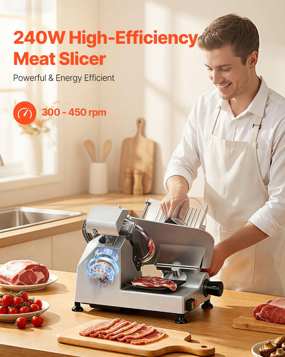 VEVOR Commercial Meat Slicer, 10 inch Electric Food Slicer, 240W Frozen Meat Deli Slicer, Premium Chromium-plated Steel Blade Semi-Auto Meat Slicer For Commercial and Home use