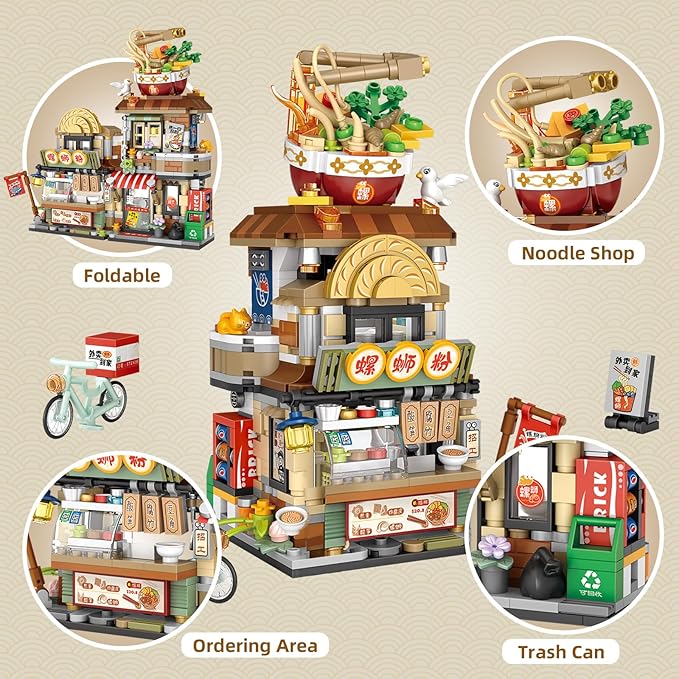 Street View Noodle Shop Mini Building Blocks MOC Creative Building Toys Model Set for Girls 7-9 Years Old 870 PCS Simulation Architecture Construction Toy Gift Idea for Kids Adults