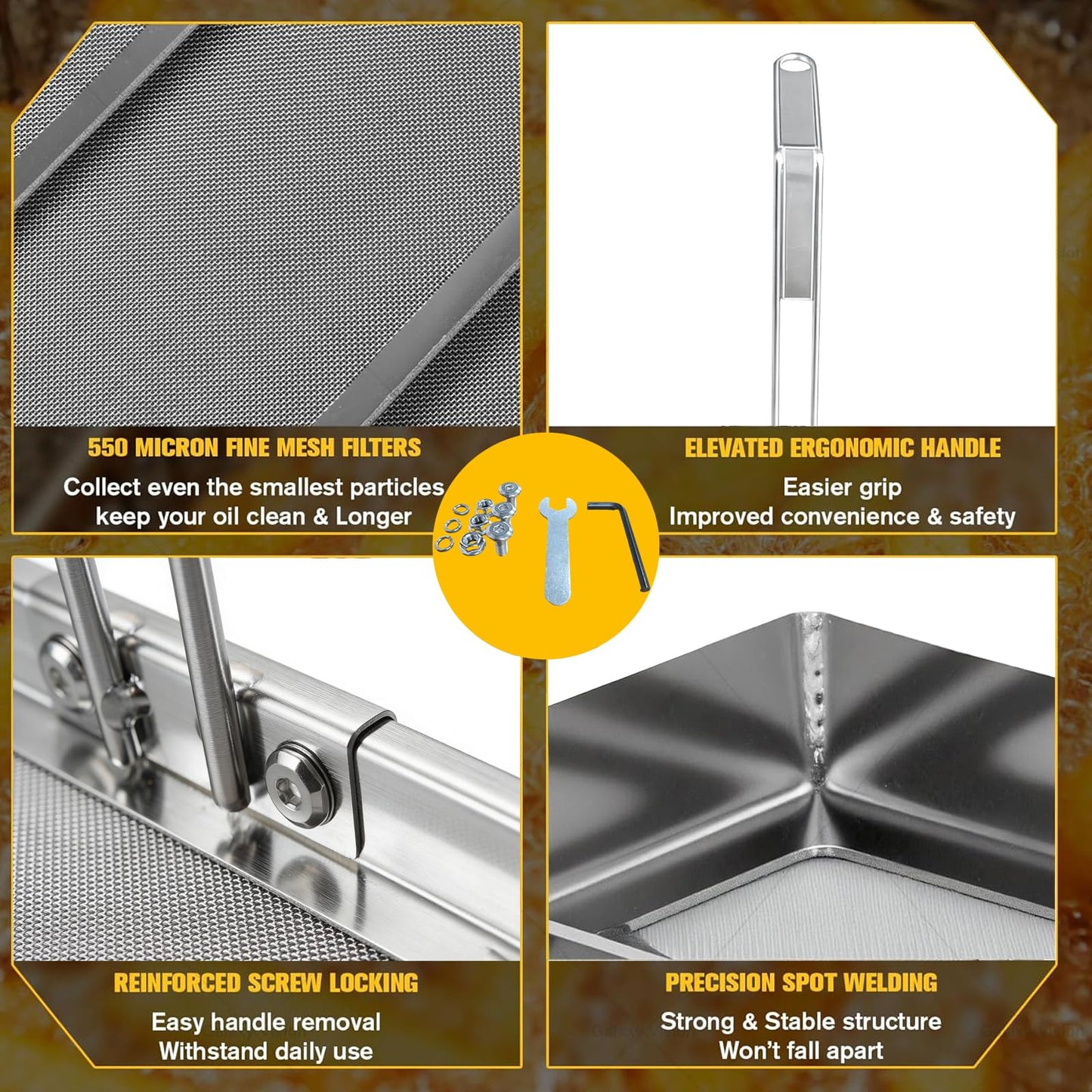 AF45 13.75" x 13.75" Universal Commercial Deep Fryer Filter, 304 Stainless Steel 550 Micron Strainer, Fits Pitco Avantco AF45/TK45/FF300/SG18, Dean & Frymaster SR142GN, American Range Fryers