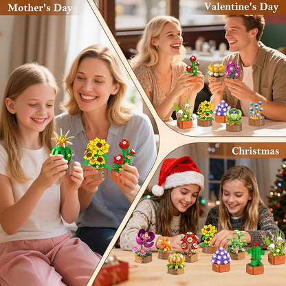 HOGOKIDS 15 Pack Flowers Succulents Mini Building Set for Adults Kids - 1314PCS Flower Plant Botanical Collection 3.6MM Bricks Toys Home Office Décor Easter Gifts for Women Boys Girls Age 6+
