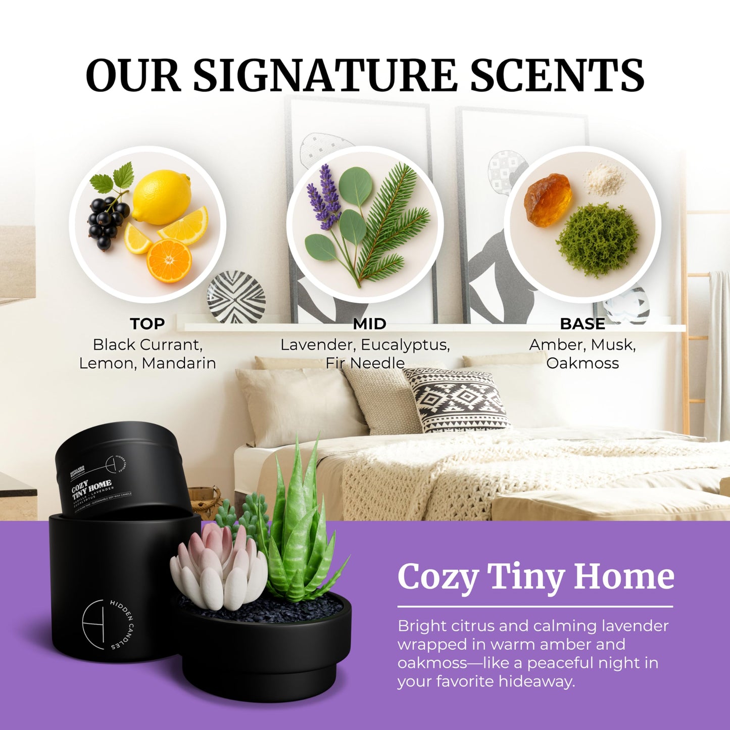 Hidden Candle – Cozy Tiny Home | Vanilla, Lavender & Eucalyptus Scented Candle with Faux Succulent | 10.6oz Soy Wax Refill, Ceramic Vessel | Long-Lasting, Decorative, Gift for Women & Men, Home Décor