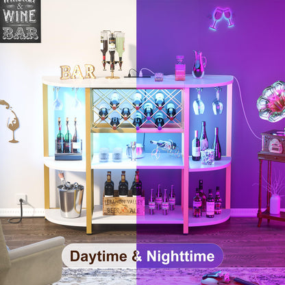 Unikito 4-Tier Metal Coffee Bar Cabinet with Outlet and LED Light, Freestanding Floor Bar Table for Liquor with Glass Holder and Wine Storage, Wine Bakers Rack for Kitchen Dining Room, White and Gold