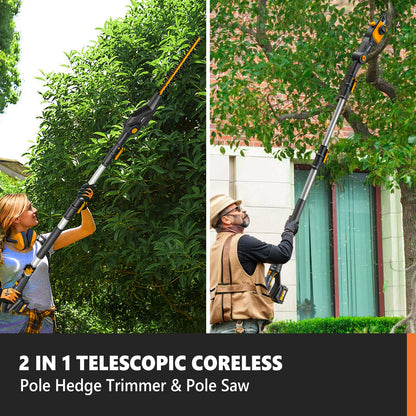 Alloyman 2-in-1 Telescopic Cordless Pole Hedge Trimmer 16-Inch and Pole Saw 8.6-Inch,with 2 Packs 4.0Ah Batteries & Charger,for Tree Trimming and Shrubs Pruning
