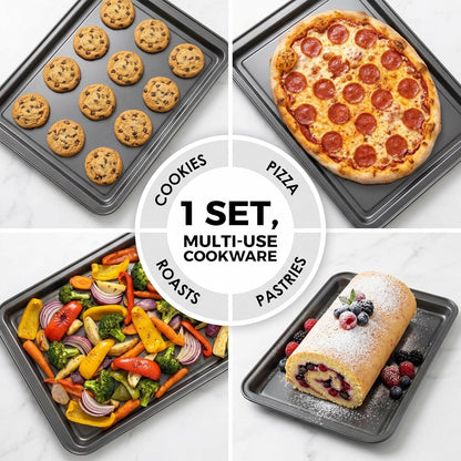 PERLLI Non-Stick Baking Pan Set - 3-Piece Carbon Steel with Even Heat Distribution | Oven Safe to 446°F, BPA-Free, Dishwasher Safe, Stackable - Gray